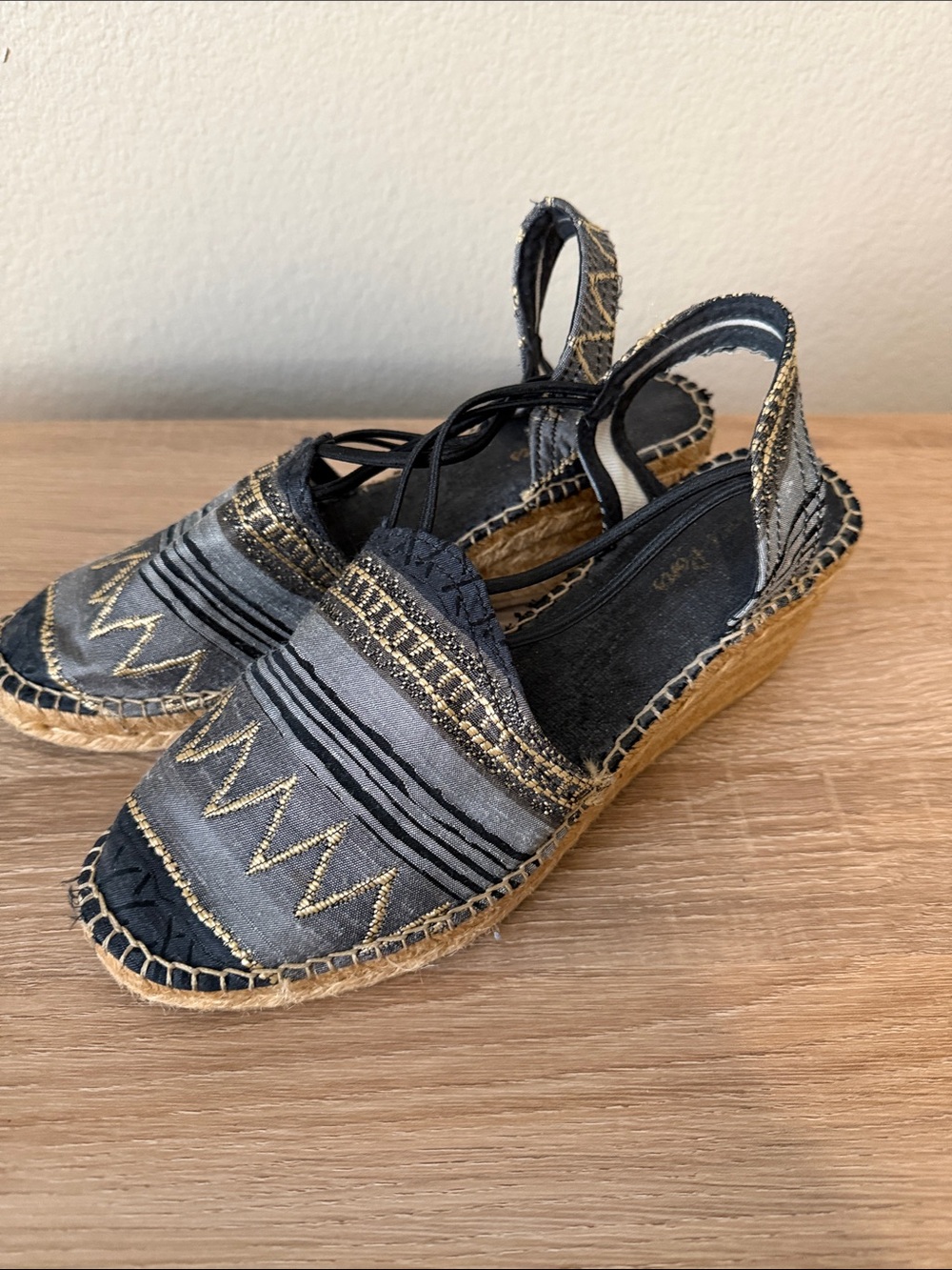 Women's Espadrille Wedge Slingback in Black and Gold Accent, made in Spain